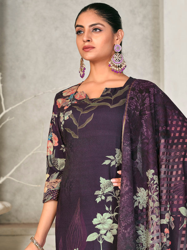Women's Violet Pashmina Straight Kurta Set with Digital Floral Print