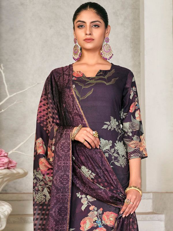 Women's Violet Pashmina Straight Kurta Set with Digital Floral Print