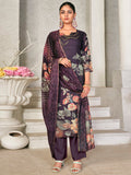 Women wearing a violet straight kurta set with floral digital print and matching dupatta