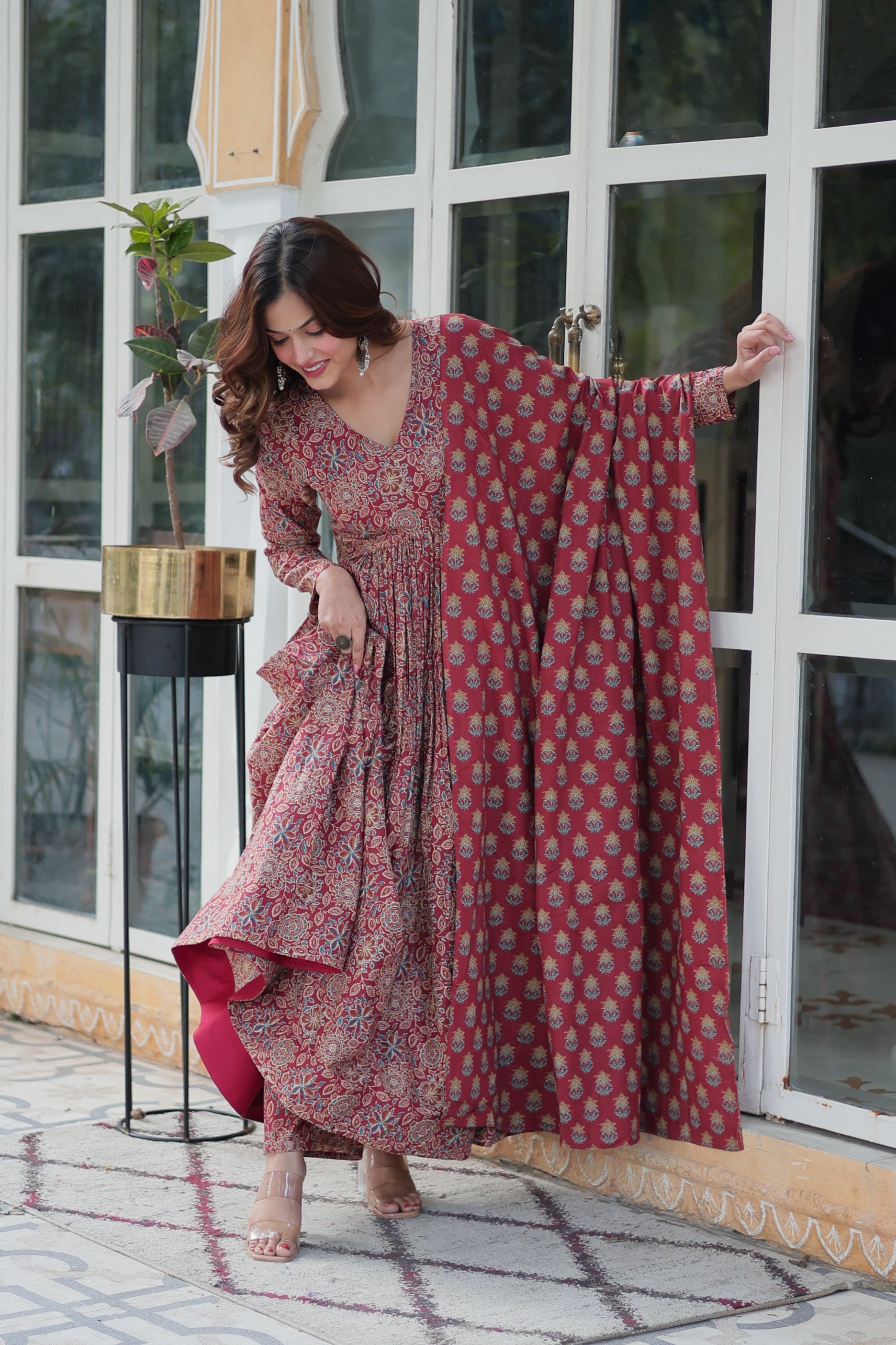 Women's Maroon Cotton Floral Printed A-Line Designer Kurta Set