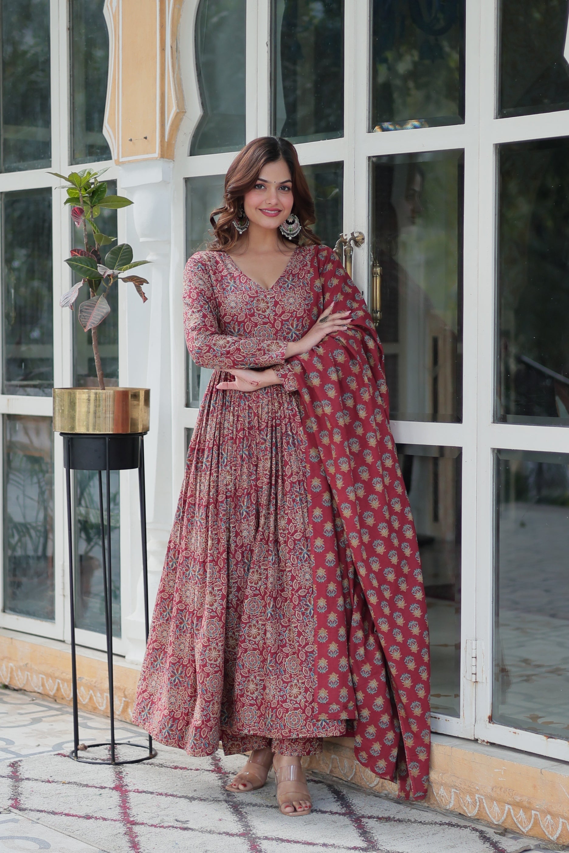 Women's Maroon Cotton Floral Printed A-Line Designer Kurta Set