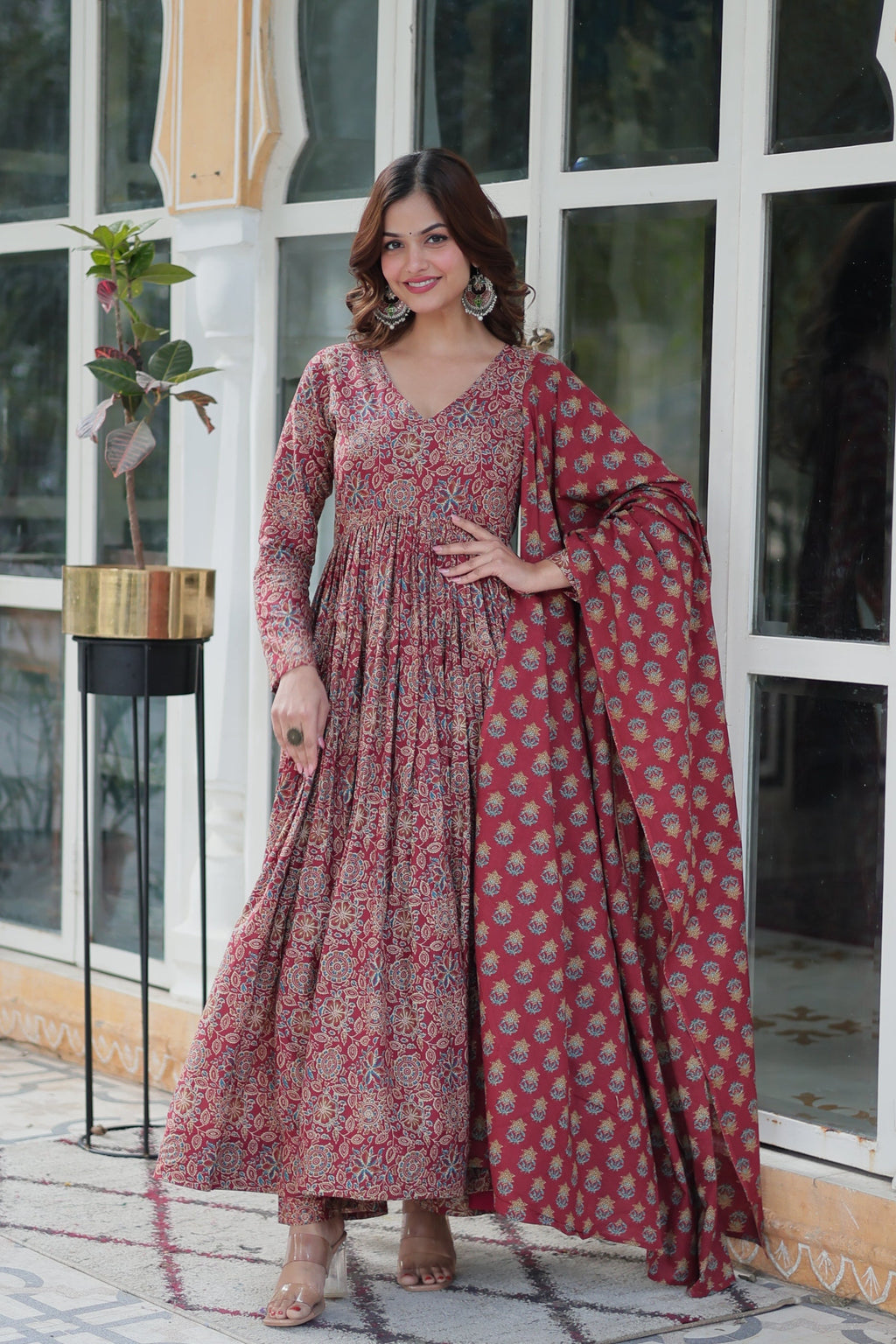 Women's Maroon Cotton Floral Printed A-Line Designer Kurta Set