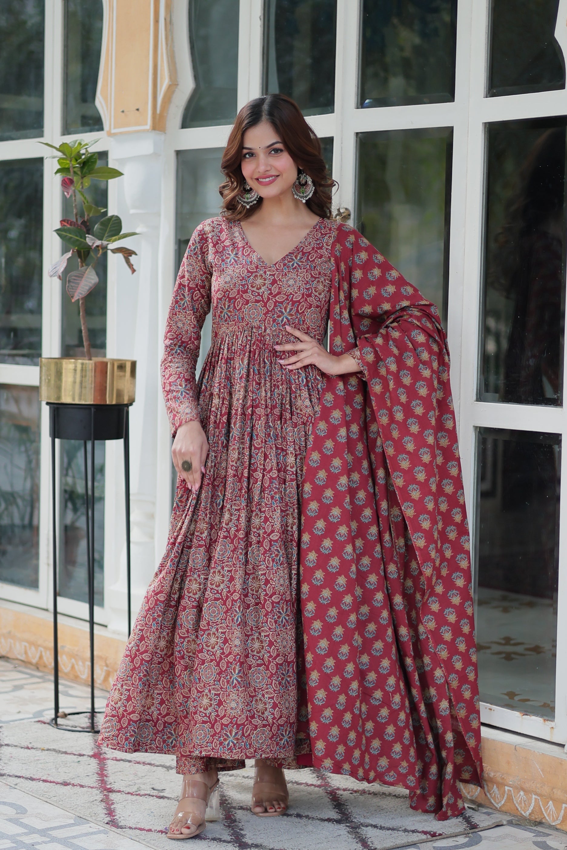 Women's Maroon Cotton Floral Printed A-Line Designer Kurta Set