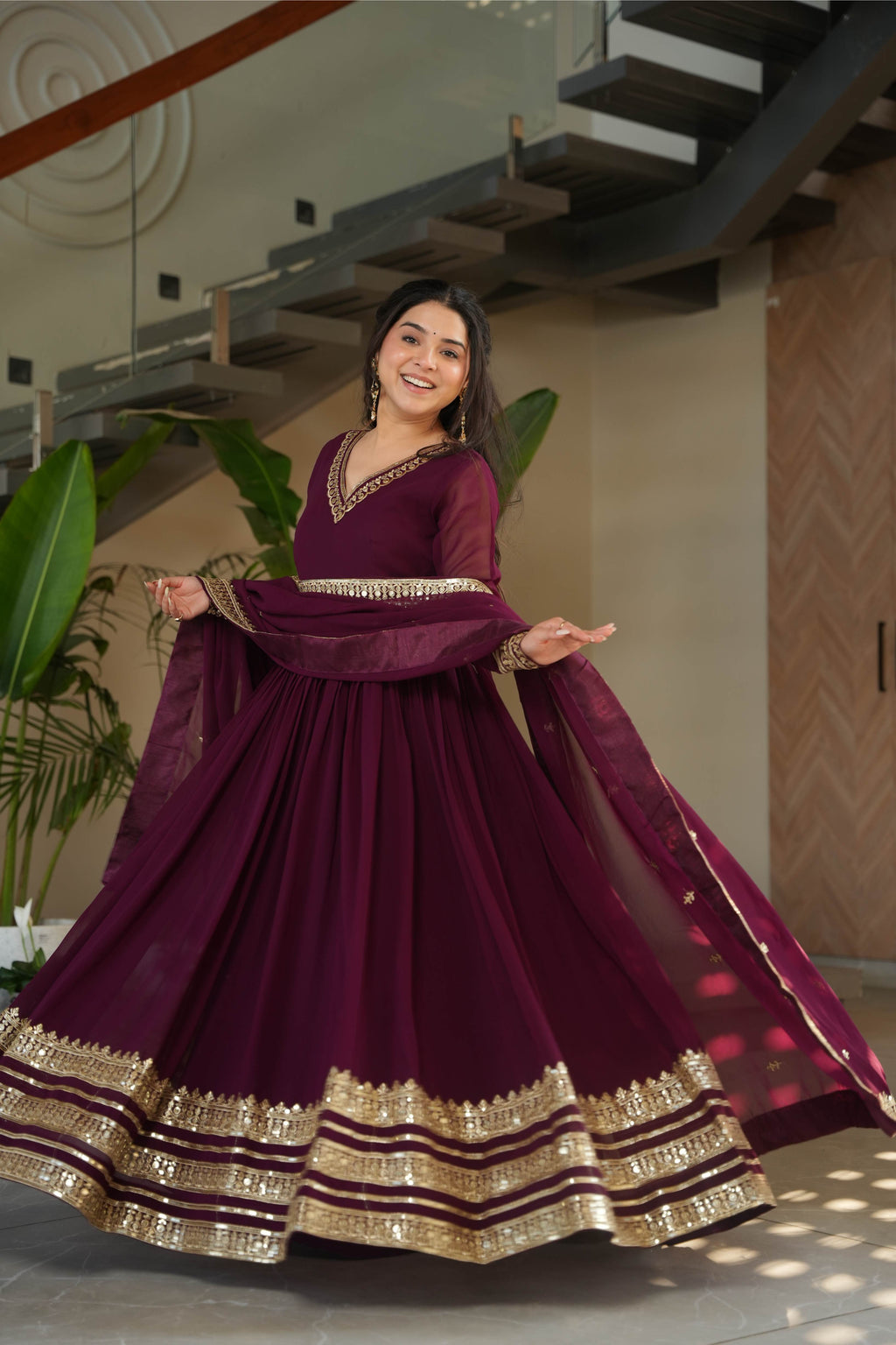 Jyoti Fashion Women's Wine Faux Blooming Sequins Zari Embroidered Anarkali Set With Dupatta