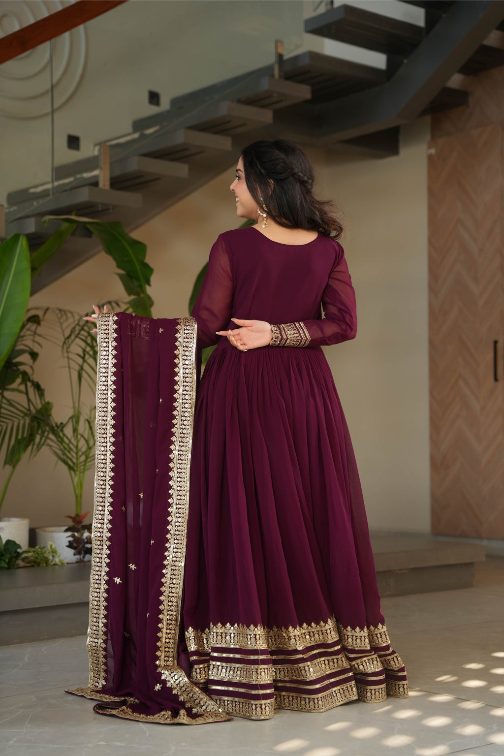 Jyoti Fashion Women's Wine Faux Blooming Sequins Zari Embroidered Anarkali Set With Dupatta