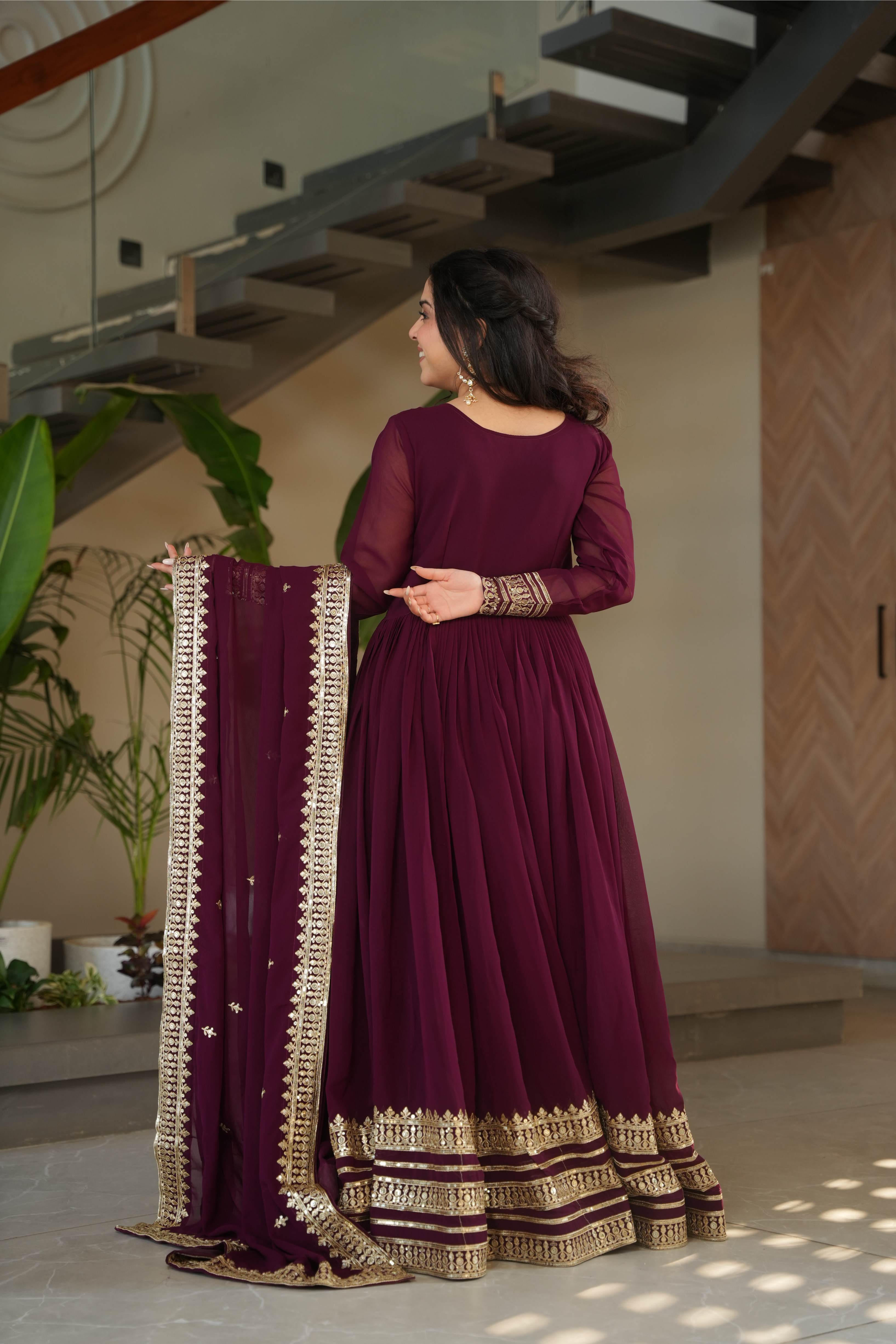 Jyoti Fashion Women's Wine Faux Blooming Sequins Zari Embroidered Anarkali Set With Dupatta