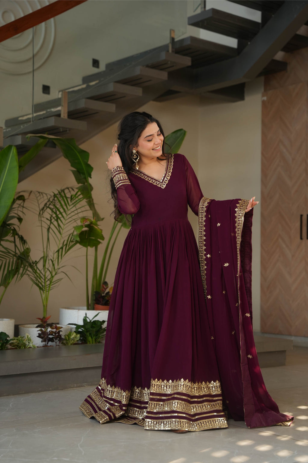 Jyoti Fashion Women's Wine Faux Blooming Sequins Zari Embroidered Anarkali Set With Dupatta