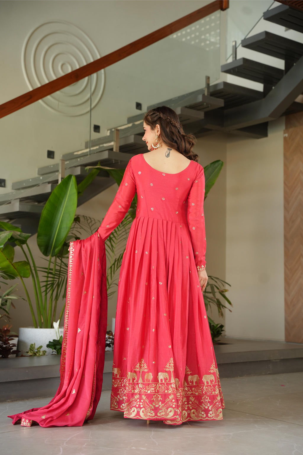 Jyoti Fashion Women's Pink Chinon Sequins Zari Embroidered Anarkali Set With Dupatta