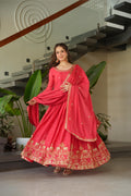 Jyoti Fashion Women's Pink Chinon Sequins Zari Embroidered Anarkali Set With Dupatta