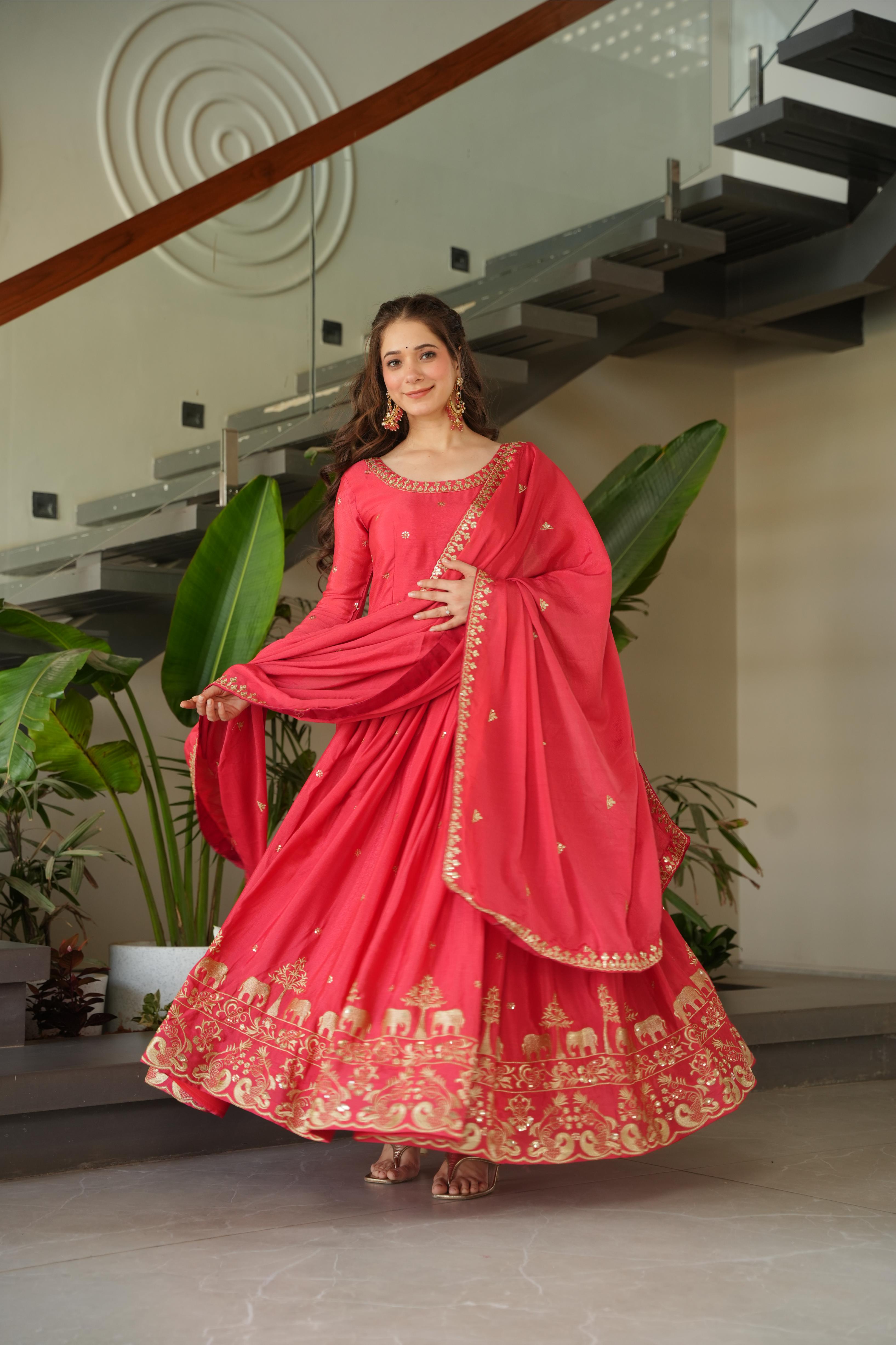 Jyoti Fashion Women's Pink Chinon Sequins Zari Embroidered Anarkali Set With Dupatta