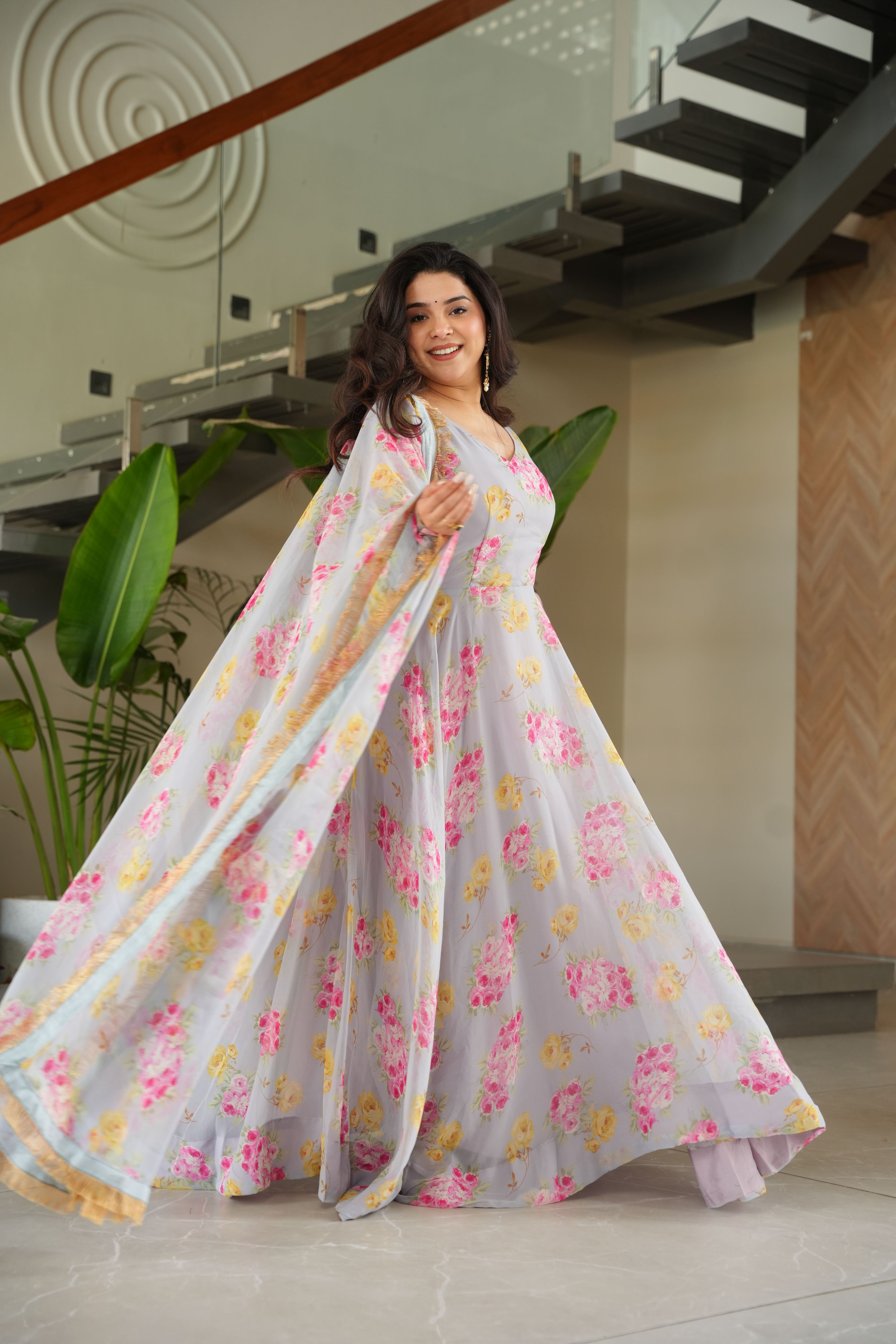 Grey Floral Digital Printed Faux Georgette Anarkali Set