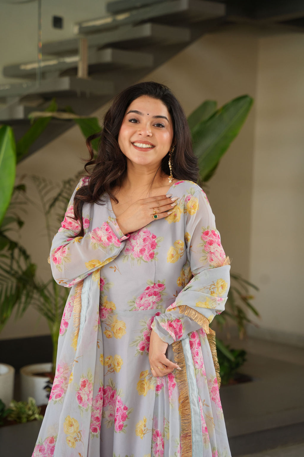Grey Floral Digital Printed Faux Georgette Anarkali Set