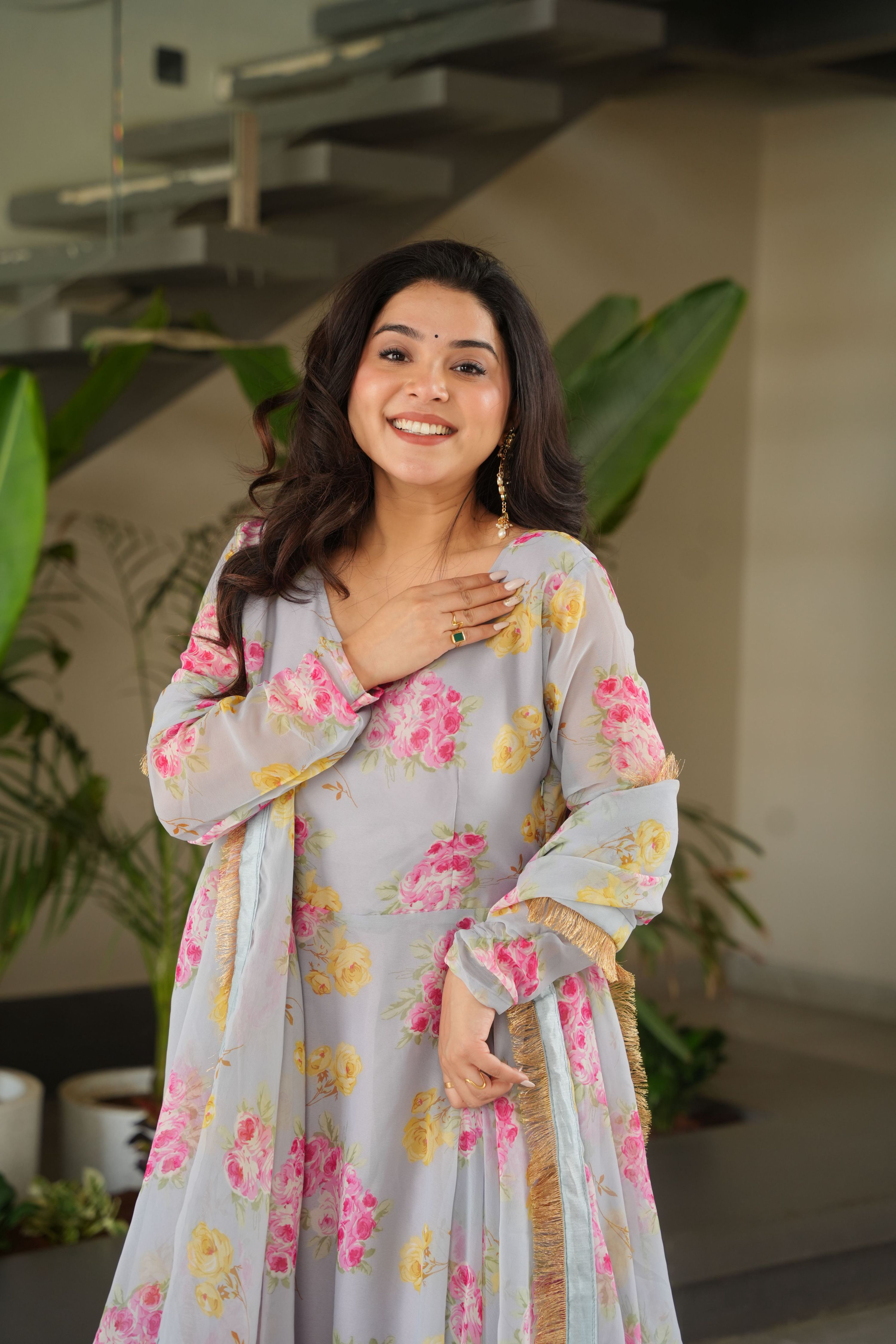Grey Floral Digital Printed Faux Georgette Anarkali Set