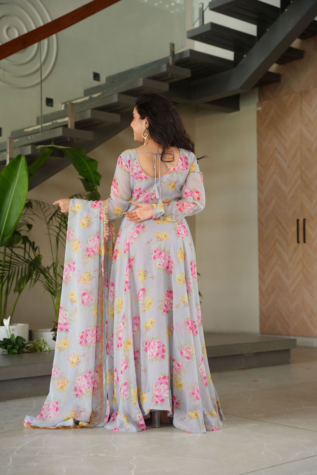 Grey Floral Digital Printed Faux Georgette Anarkali Set