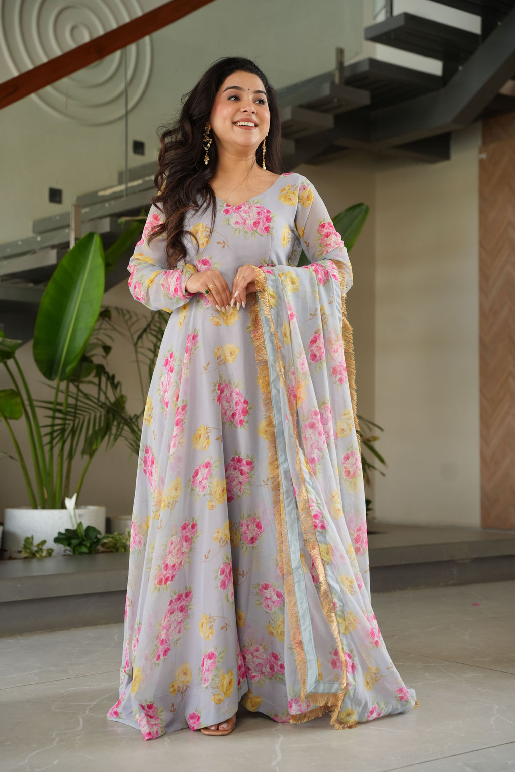 Grey floral digital printed Anarkali dress in faux georgette fabric with dupatta