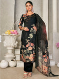 Jyoti Fashion Women's Black Pashmina Floral Digital Printed Kurta with Trouser & Dupatta