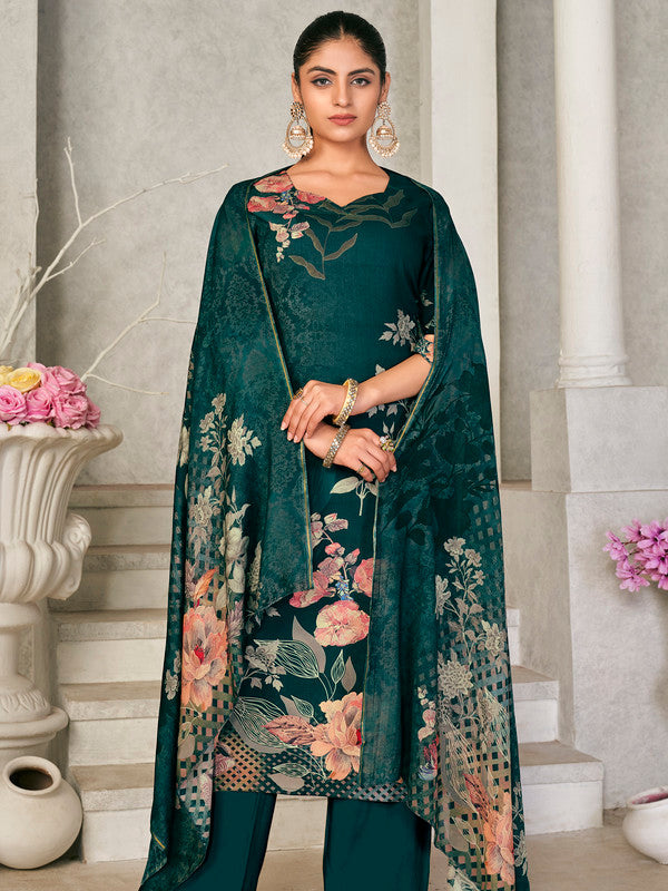 Women's Green Pashmina Straight Kurta Set with Digital Floral Print