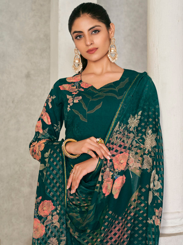Women's Green Pashmina Straight Kurta Set with Digital Floral Print