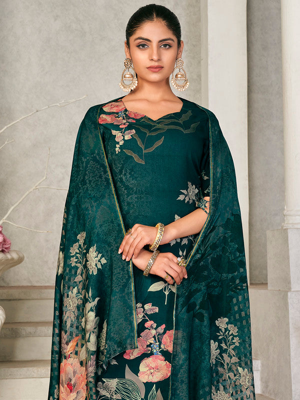 Women's Green Pashmina Straight Kurta Set with Digital Floral Print