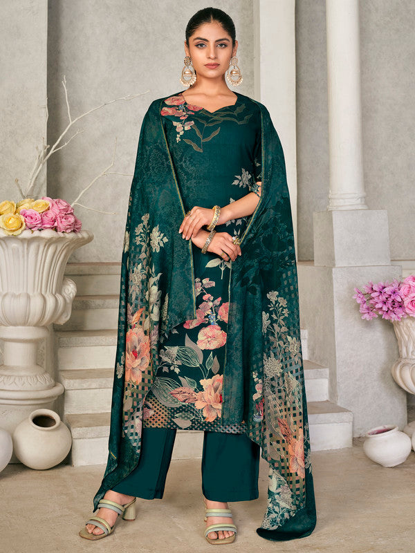 Women wearing a green pashmina straight kurta set with floral digital print and matching dupatta