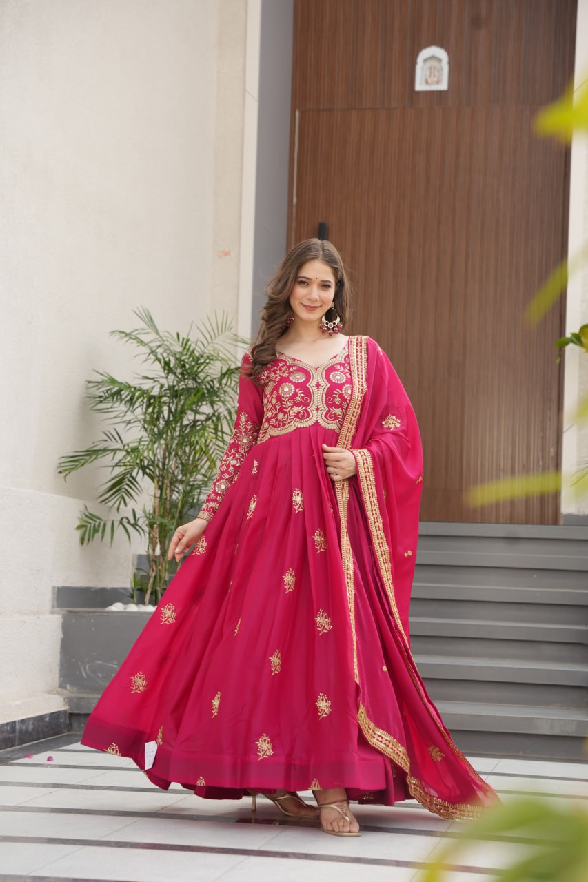 Pink Star Georgette Anarkali set with heavy zari and sequins embroidery and matching dupatta