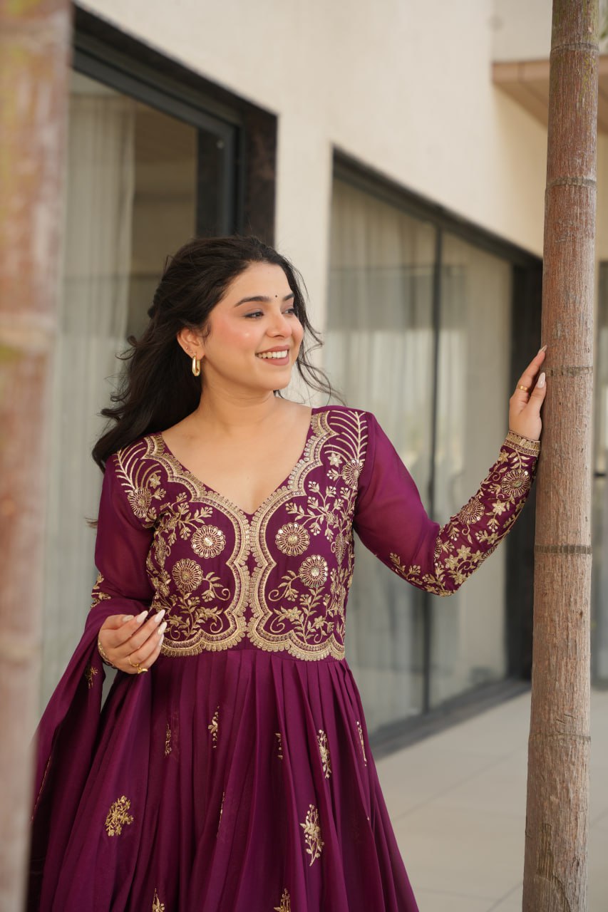 Jyoti Fashion Women's Wine Star Georgette Sequins & Zari Embroidered Anarkali Set With Dupatta