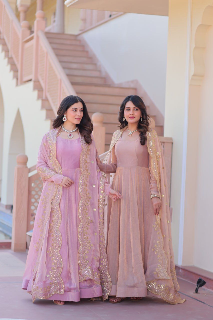 Lavender & Peach Fendi Chiffon A-Line Anarkali Combo Set