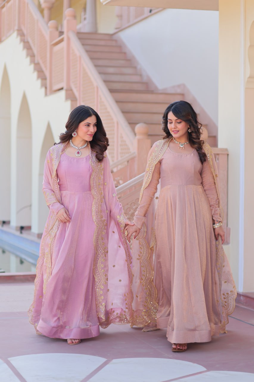 Lavender & Peach Fendi Chiffon A-Line Anarkali Combo Set
