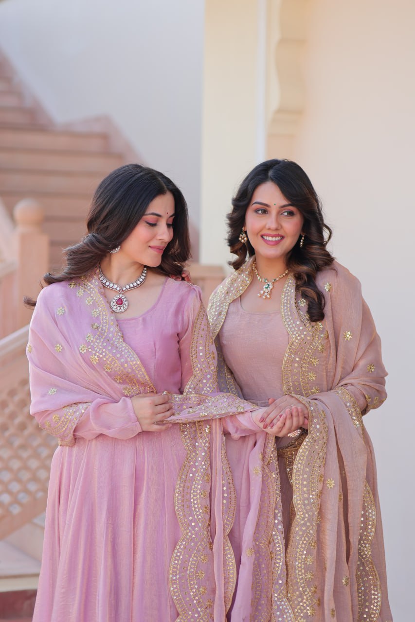 Lavender & Peach Fendi Chiffon A-Line Anarkali Combo Set