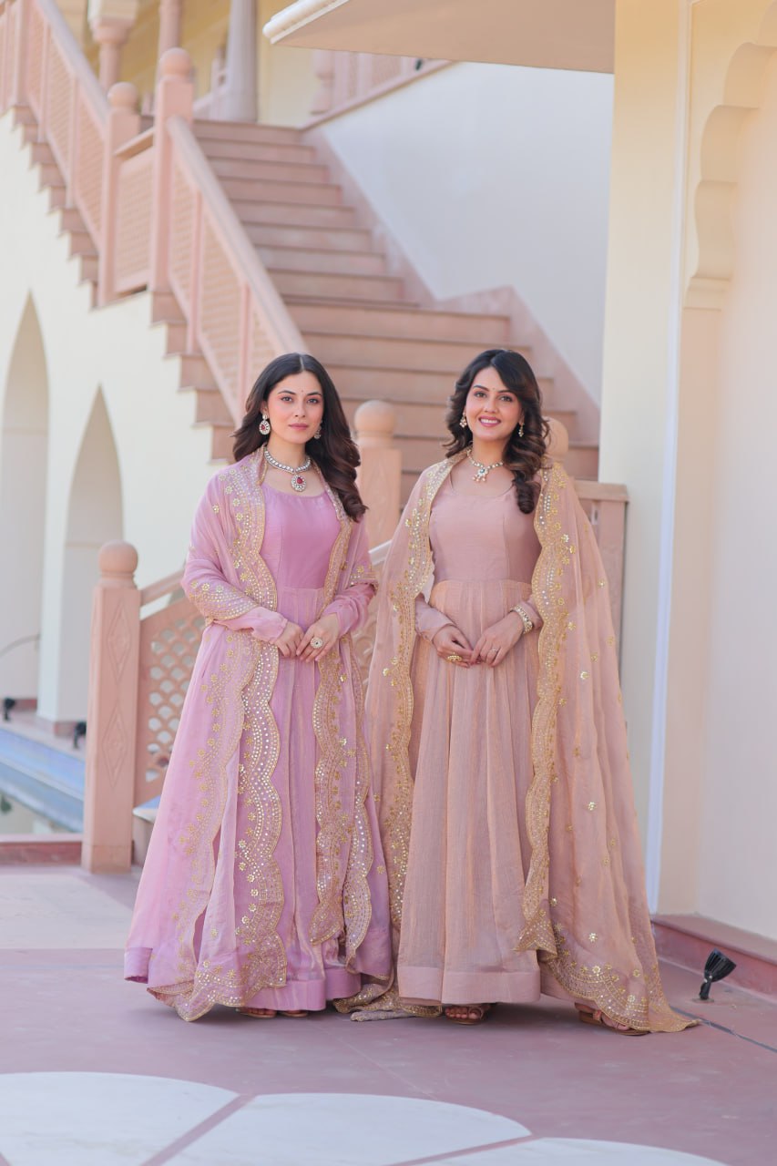 Lavender and Peach colored Fendi Chiffon A-line Anarkali combo set