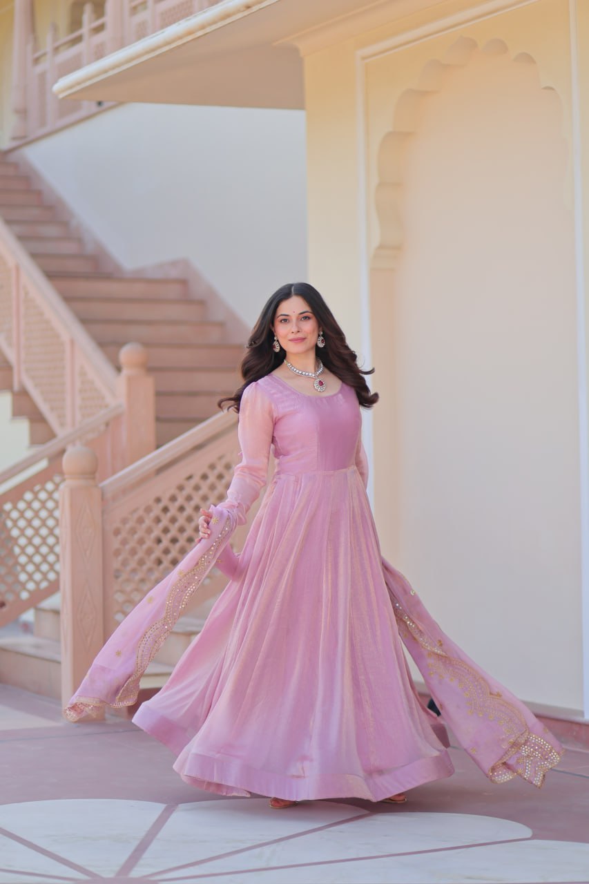 Lavender Fendi Chiffon A-Line Anarkali Set with Dupatta