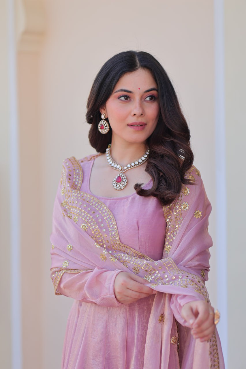 Lavender Fendi Chiffon A-Line Anarkali Set with Dupatta
