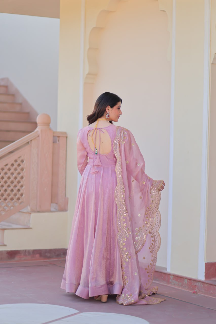Lavender Fendi Chiffon A-Line Anarkali Set with Dupatta