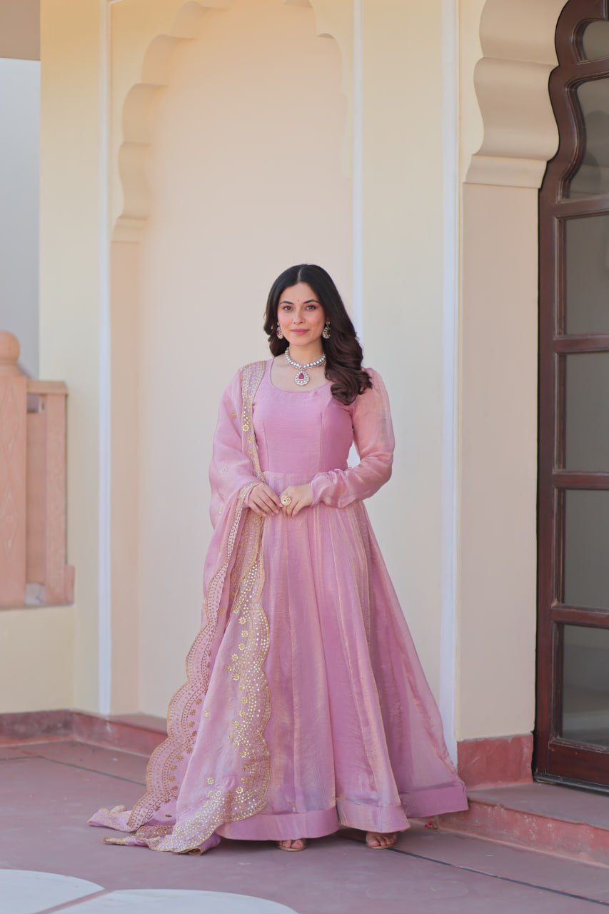 Lavender Fendi Chiffon A-line Anarkali dress with matching dupatta