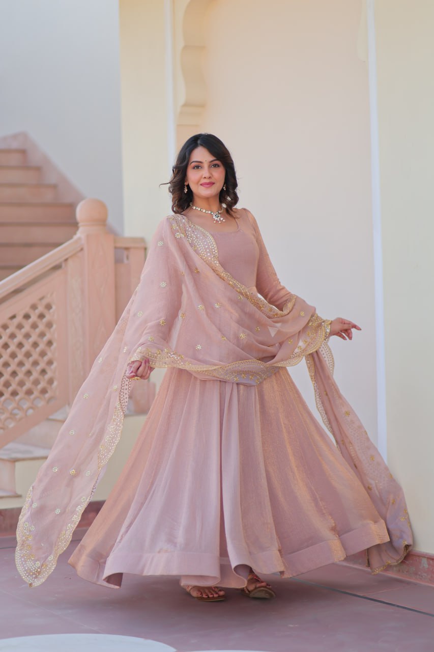 Peach Fendi Chiffon A-Line Designer Anarkali Set with Dupatta