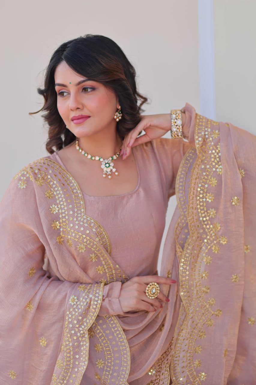 Peach Fendi Chiffon A-Line Designer Anarkali Set with Dupatta