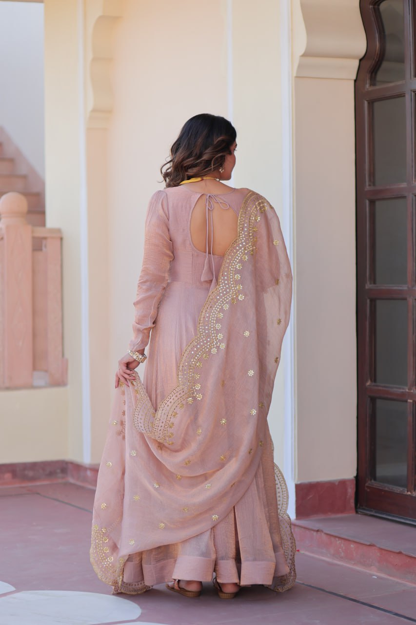 Peach Fendi Chiffon A-Line Designer Anarkali Set with Dupatta