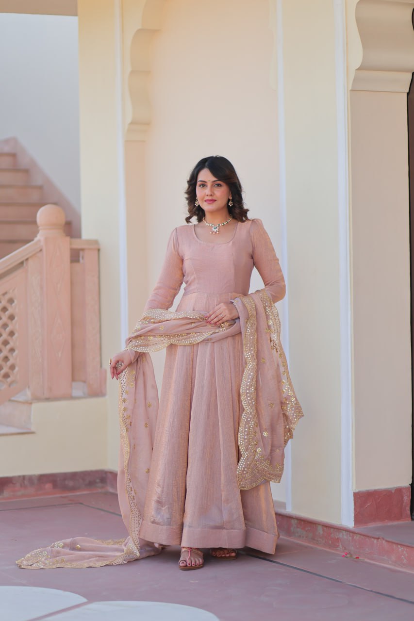 Peach Fendi Chiffon A-line Anarkali dress with dupatta