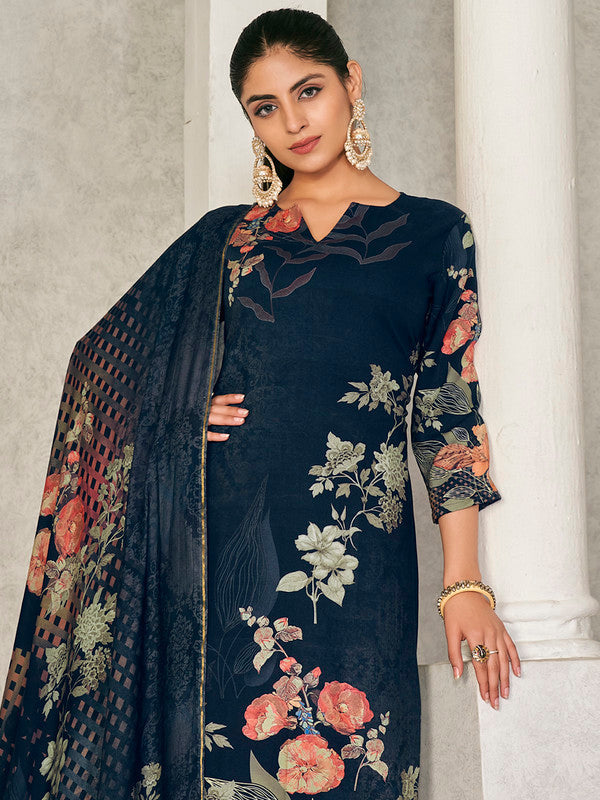 Jyoti Fashion Women's Navy Blue Pashmina Floral Digital Printed Kurta with Trouser & Dupatta