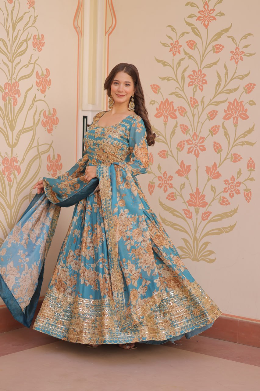 Sky Blue Russian Silk Anarkali with digital prints and sequin embroidery