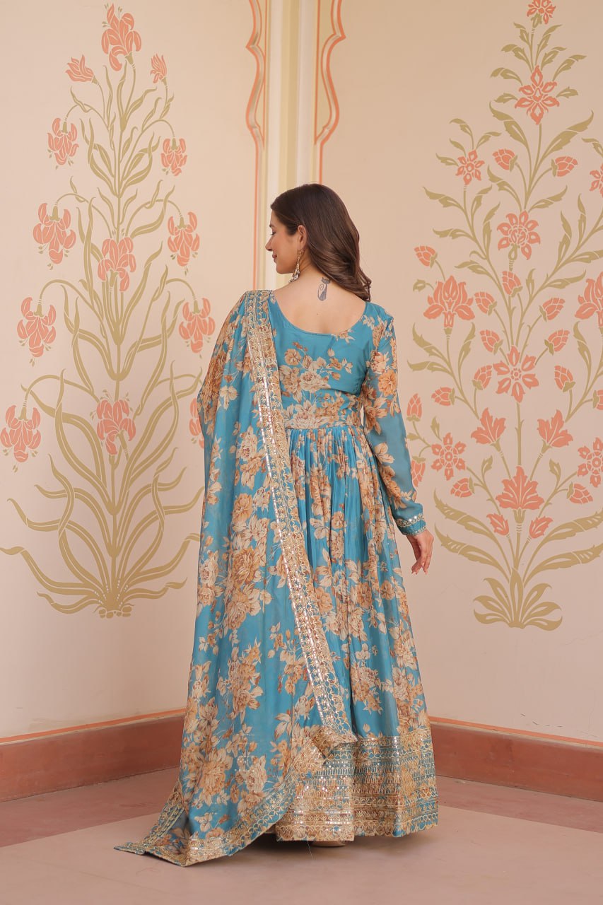 Sky Blue Russian Silk Digital Print Anarkali Set with Sequins