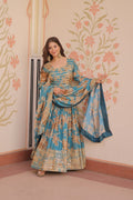 Sky Blue Russian Silk Digital Print Anarkali Set with Sequins