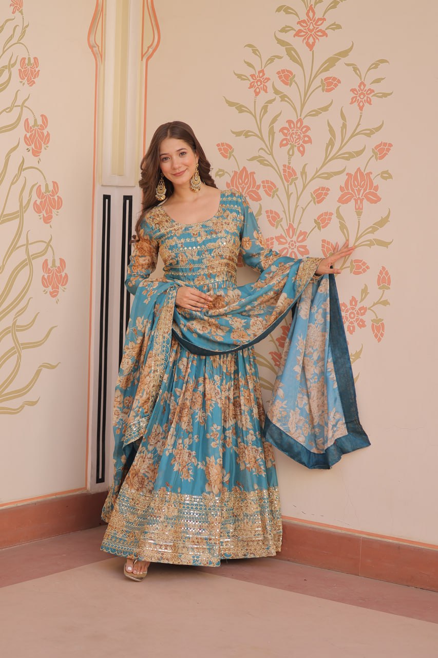 Jyoti Fashion Women's Sky Blue Russian Silk Digital Print with Sequins Embroidered Anarkali Set With Dupatta