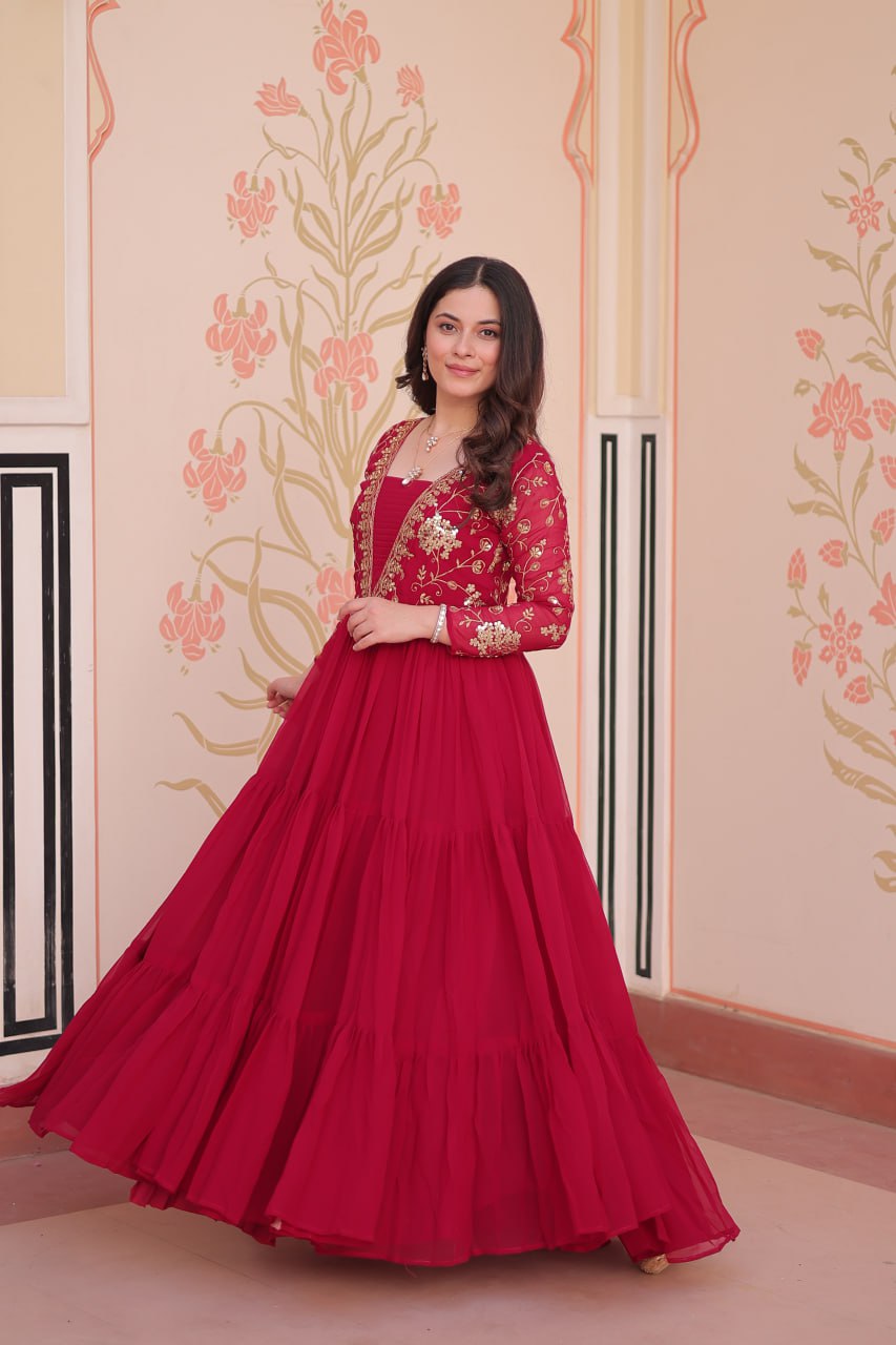 Jyoti Fashion Women's Rani Pink Faux Blooming Sequins & Zari Embroidered Long Designer Anarkali Set