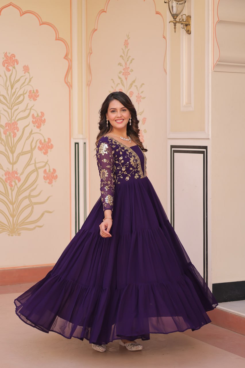 Purple Faux Blooming Anarkali with Sequins and Zari Embroidery