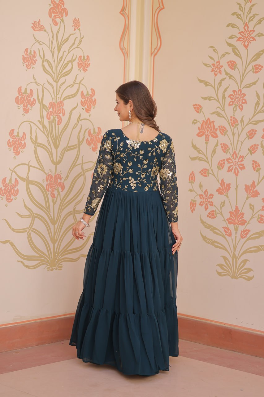 Women's Teal Faux Blooming Sequins Embroidered Anarkali