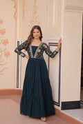 Teal Faux Blooming Anarkali with sequins and zari embroidery