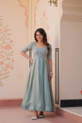 Jyoti Fashion Women's Sky Blue Fendi Embroidered Long Designer Anarkali Set