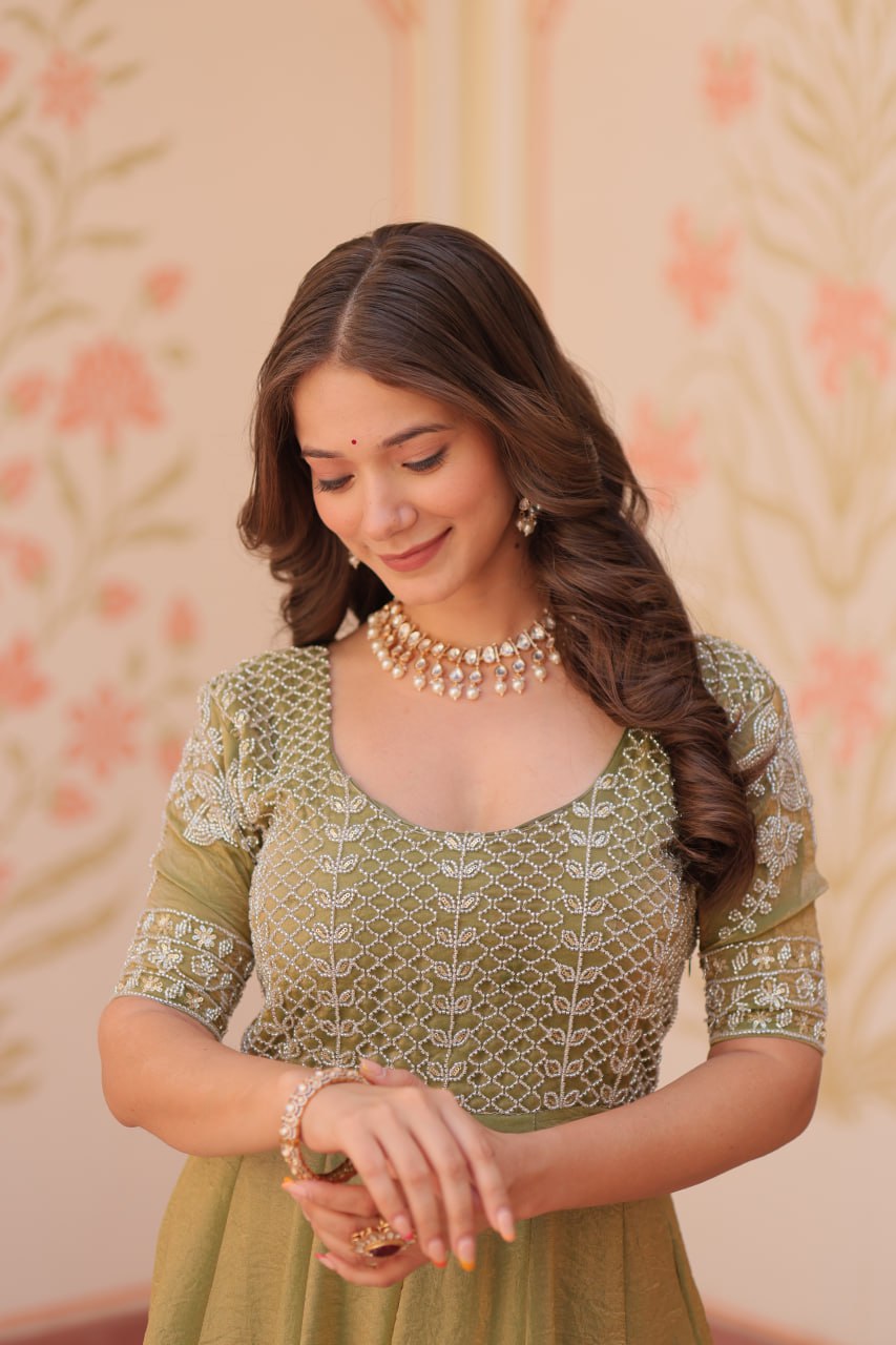 Mehendi Green Embroidered A-Line Anarkali Gown with 3.5m Flair