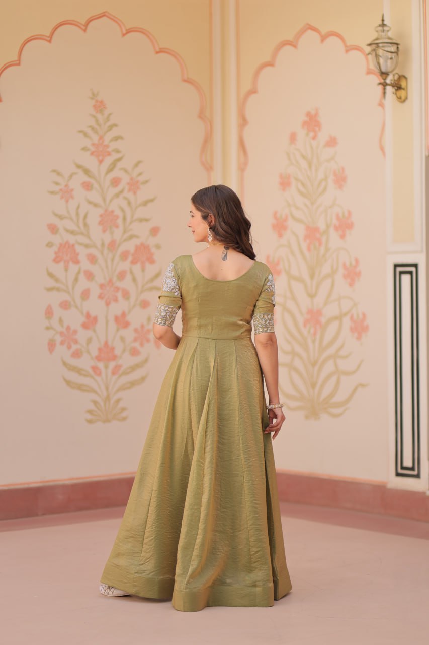 Mehendi Green Embroidered A-Line Anarkali Gown with 3.5m Flair